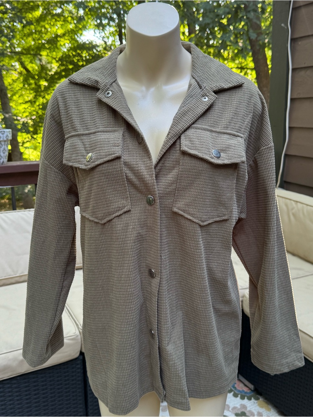 Waffle-Knit Button Front Shacket - Taupe Brown